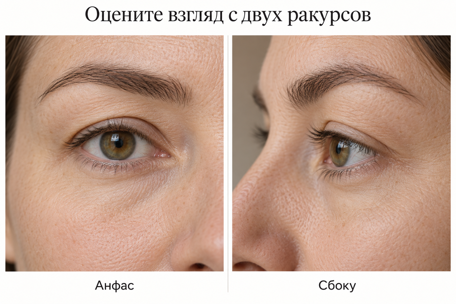 Форма глаза, складка века и направление натуральных ресниц в двух ракурсах